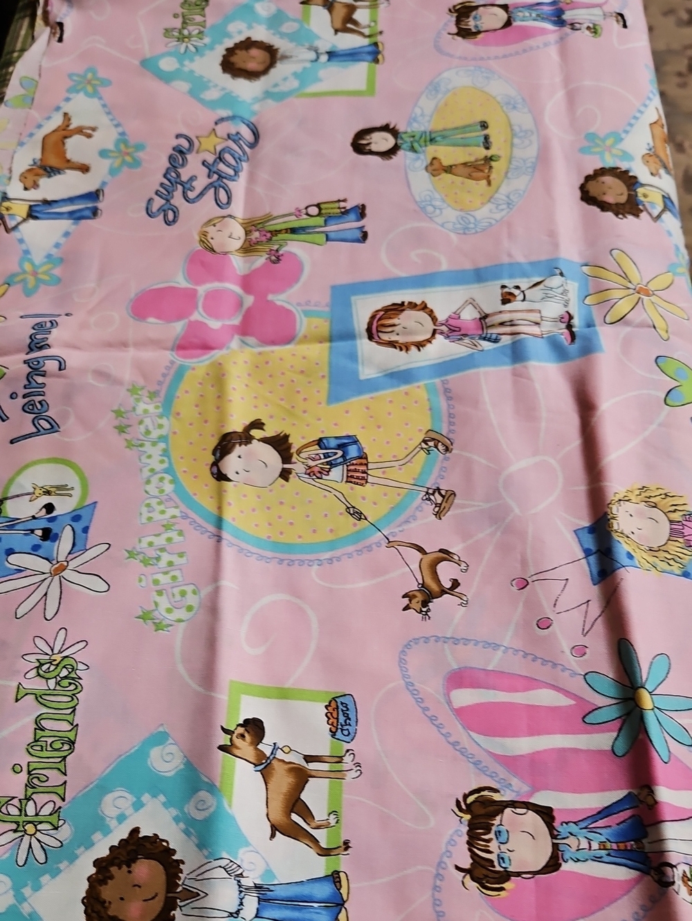 Vintage Kids Pink Girl Cartoon Fabric Over 1 Yard
